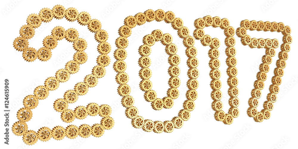 Number 2017 (two thousand seventeen one) from gold gear mechanism. Isolated on white. 3D illustration Number 2017 (two thousand seventeen one) from gold gear mechanism. Isolated on white. 3D illustration