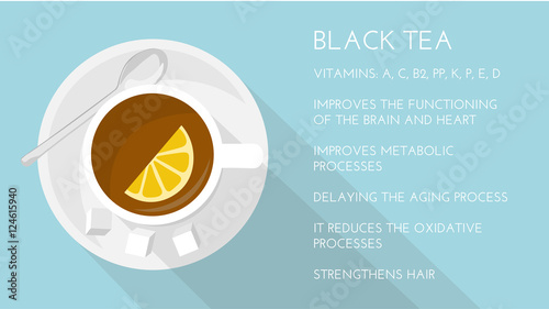 Black tea: properties and health benefits. Cup of black tea, top view