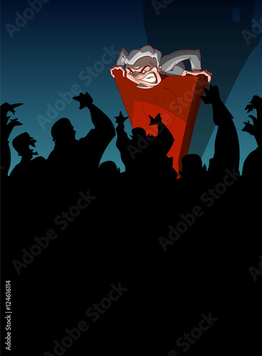 Cartoon vector illustration of a far right, nationalist politician, giving a speach from a podium, spreading hate and propaganda