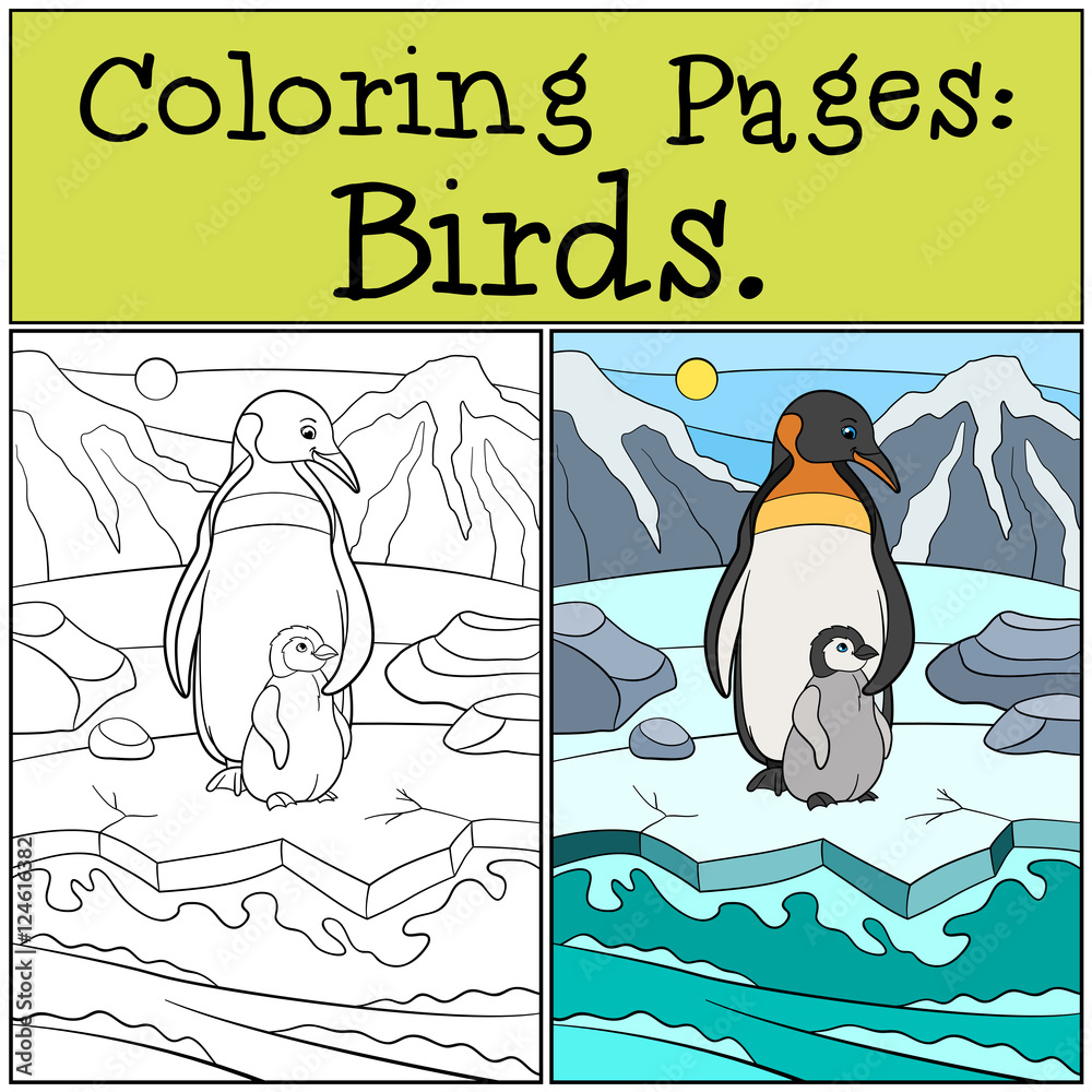 Naklejka premium Coloring Pages: Birds. Mother penguin with her baby.