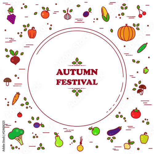 Fresh vegetables vector set. Harvest illustration in line style. Farm nature healty food. Organic fall banner. Autumn festival.