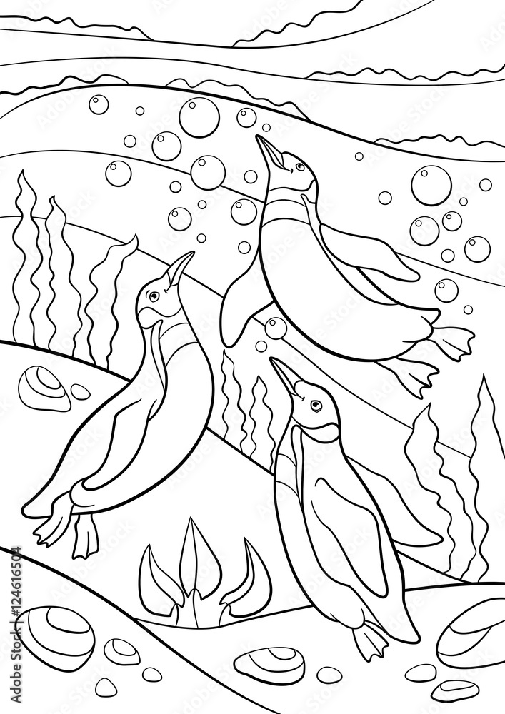 Obraz premium Coloring pages. Three little cute penguins swim and smile.