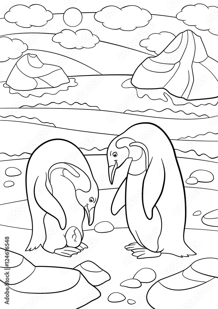 Obraz premium Coloring pages. Mother and father penguin looks at the egg.