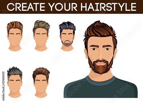 Create, change of hairstyle choices. Men hair style symbol hipster beard, mustache stylish, modern. Vector illustration