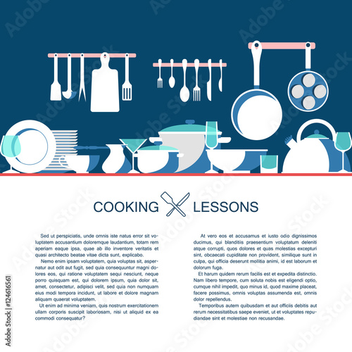 Cooking lesson vector background. Chef class design. Culinary online school template. Crockery icons collection. Utensil equipment set illustration. Catering isolated. Cutlery sign background.