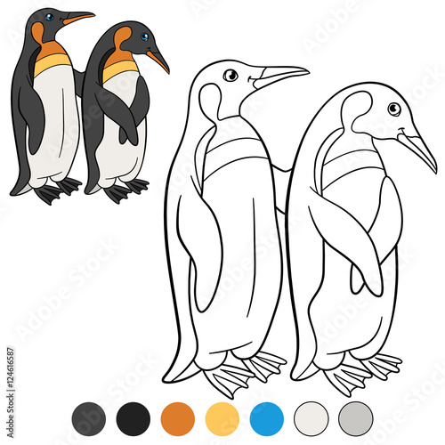 Coloring pages. Two little cute penguins hug each other.