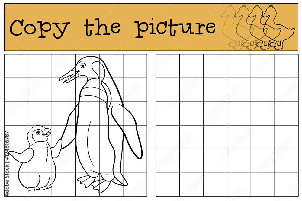 Fototapeta premium Educational game: Copy the picture. Mother penguin with baby.