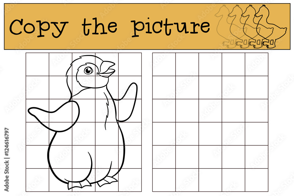 Fototapeta premium Educational game: Copy the picture. Little cute baby penguin smi