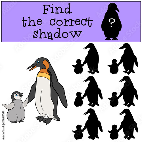 Educational game: Find the correct shadow. Mother penguin with b
