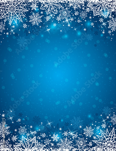 Blue background with  frame of snowflakes and stars,  vector