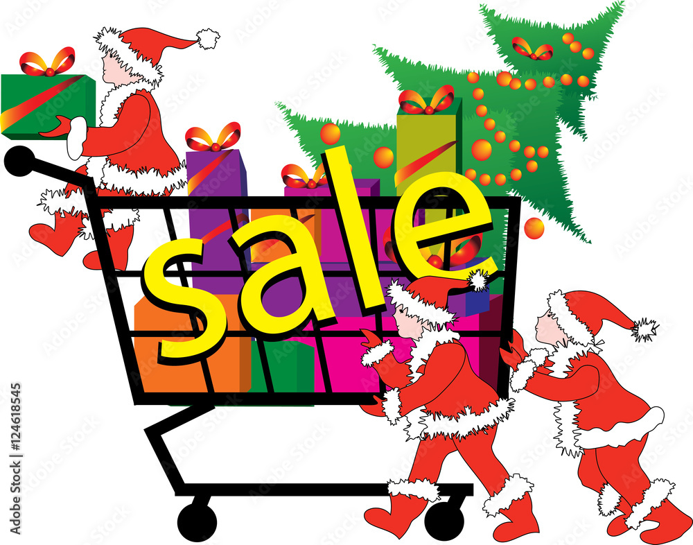 Fototapeta premium sale - Christmas little elves driven truck with gifts