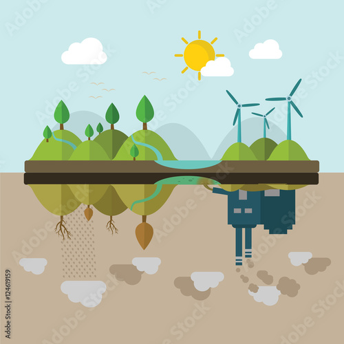 Flat design vector concept illustration with icons of ecology, environment, contamination and pollution. web banner