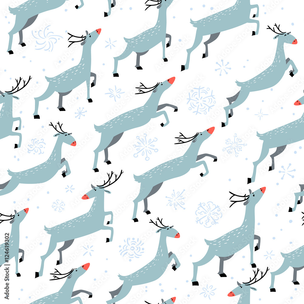 Fototapeta premium Winter seamleaa pattern with cute jumping deers on white background