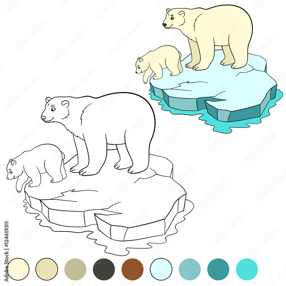 Coloring page. Mother polar bear with her cute baby. Stock Vector