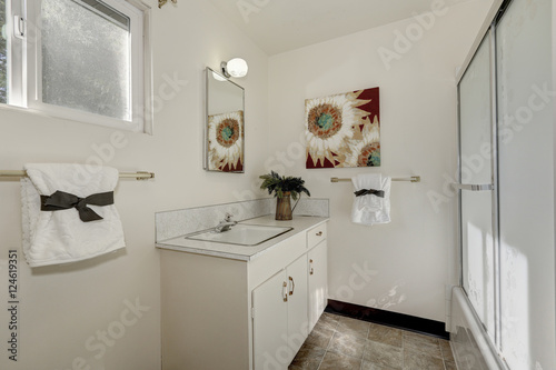 Pure white bathroom interior with old fashioned vanity