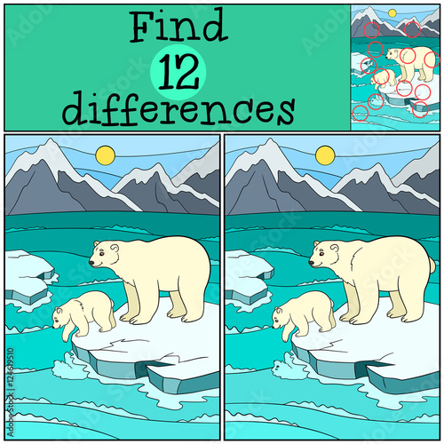 Educational game: Find differences. Mother polar bear with baby.