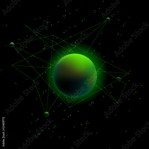 Planet and satellites. Neon Green space background.
