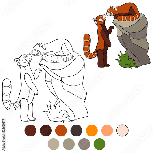 Fototapeta Naklejka Na Ścianę i Meble -  Coloring page: red panda. Two little cute red pandas.