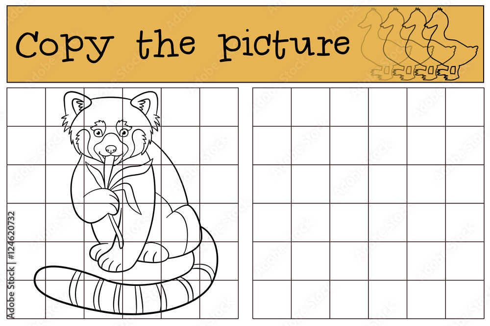 Naklejka premium Educational game: Copy the picture. Little cute red panda.