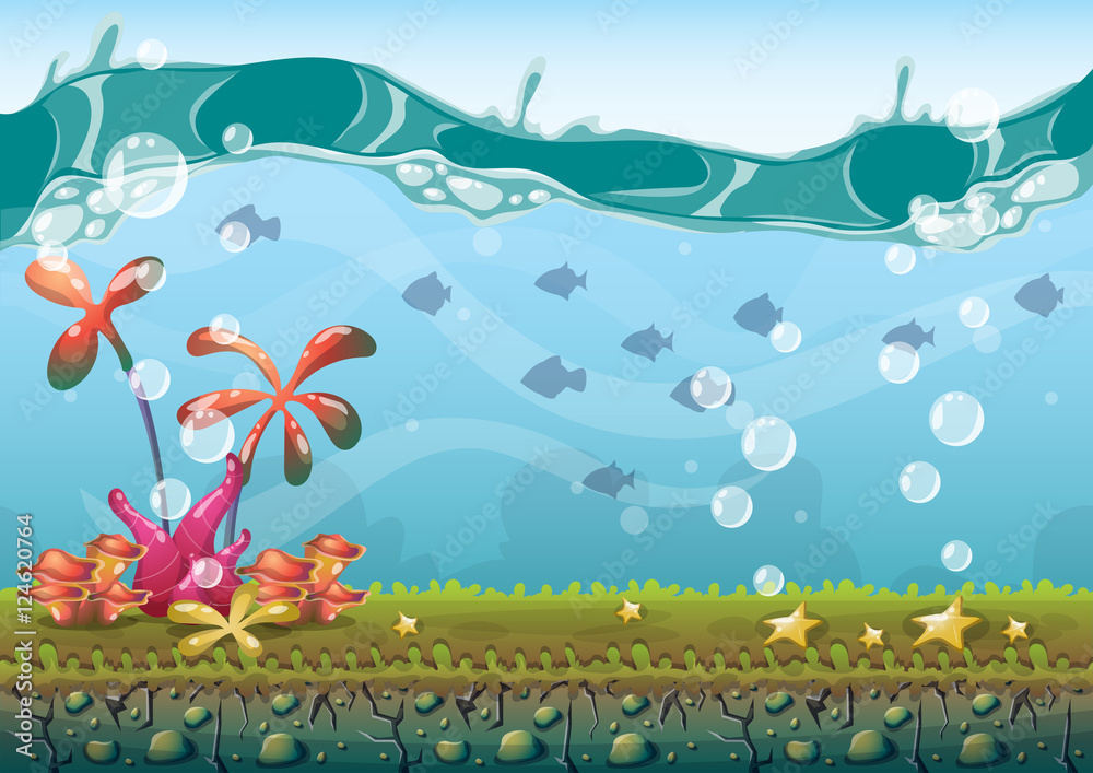 Fototapeta premium cartoon vector underwater background with separated layers for game art and animation game design asset in 2d graphic