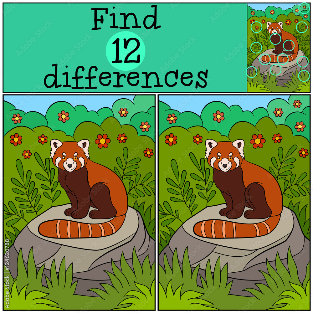 Fototapeta premium Educational game: Find differences. Little cute red panda.