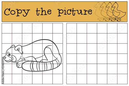 Fototapeta Naklejka Na Ścianę i Meble -  Educational game: Copy the picture. Little cute red panda.