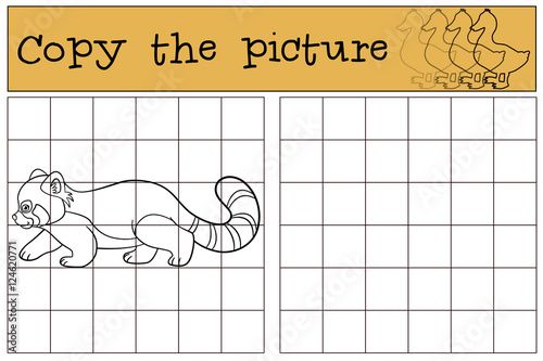 Fototapeta Naklejka Na Ścianę i Meble -  Educational game: Copy the picture. Little cute red panda walks.