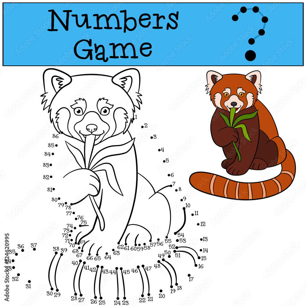 Obraz premium Educational game: Numbers game. Little cute red panda smiles.