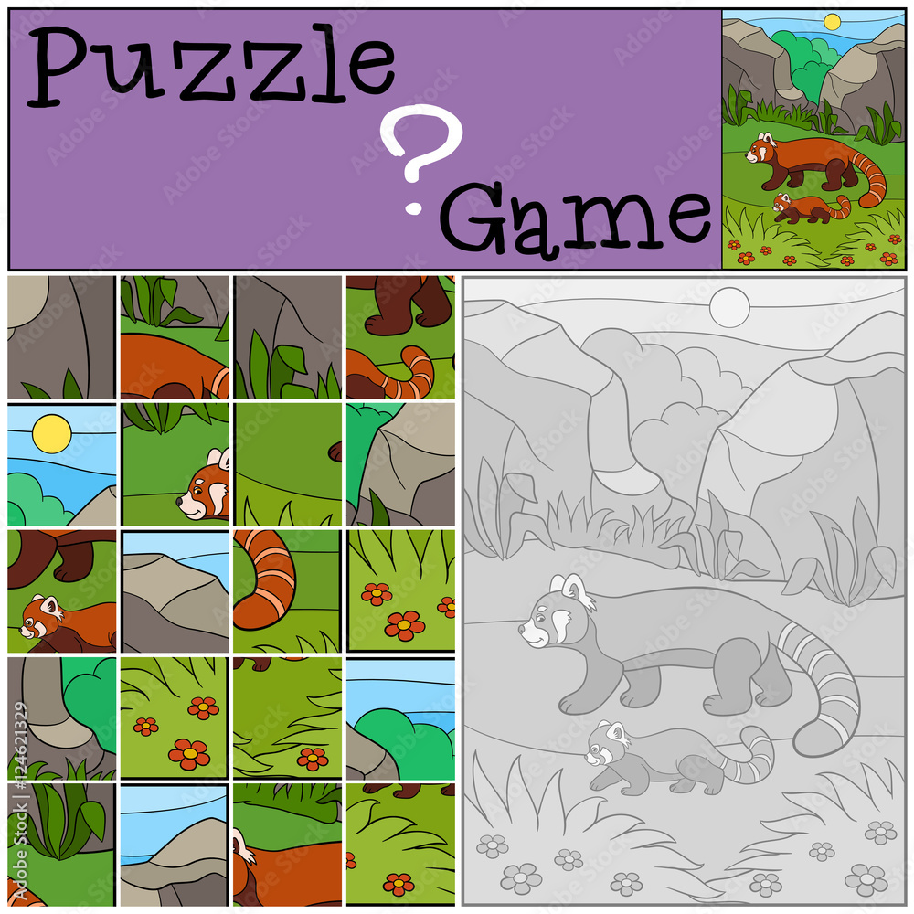Obraz premium Education game: Puzzle. Mother red panda with her baby.