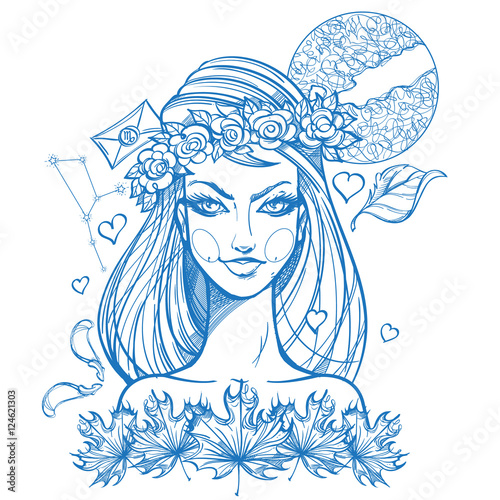 Portrait of the girl symbolizes the zodiac sign Virgo. Outline drawing for coloring.