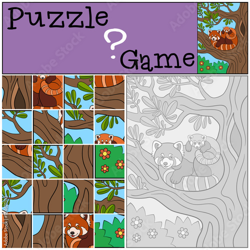 Fototapeta Naklejka Na Ścianę i Meble -  Education game: Puzzle. Mother red panda with baby.