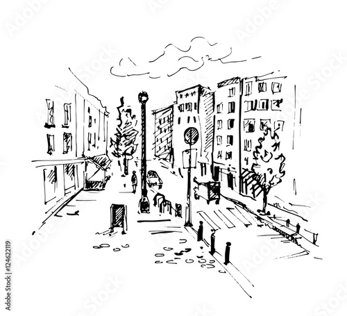 Hand drawn european street. City sketch vector illustration.