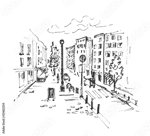 Hand drawn european street. City sketch vector illustration.