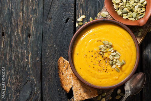 pumpkin soup with toasts, top view