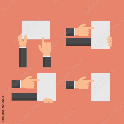 Hand holding blank white banners and hands pointing to empty paper sheet flat vector set