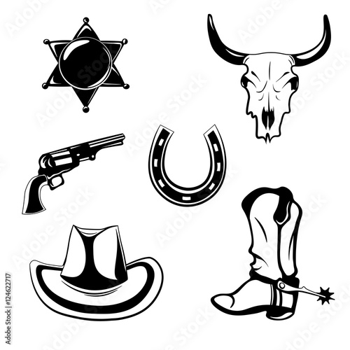 Western theme objects. Sheriff Star Badge. The Skull Of A Buffalo. Revolver Silhouette. Horse Horseshoe. Hat Cowboy. Boots Of The Cowboy. Design Elements Isolated.