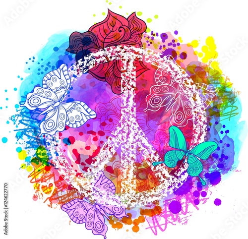 Peace Hippie Symbol over colorful background.