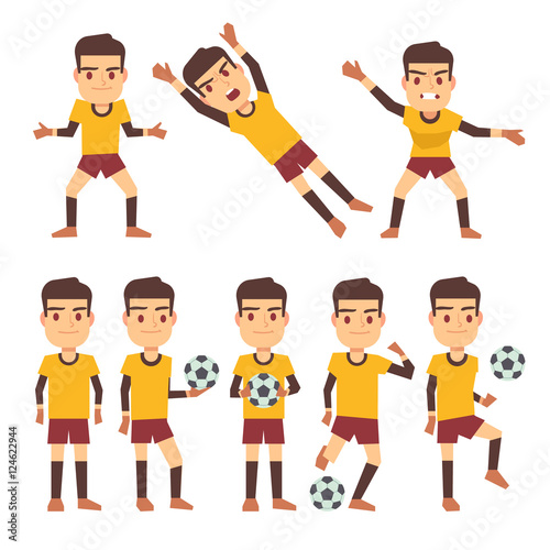 Footballer, soccer player, goalkeeper in different gaming poses set of vector flat characters