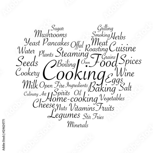 Cooking related words. Tag cloud for food industry. Typographic heart shaped vector illustration.