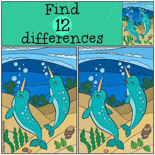Educational game: Find differences. Two little cute narwhals smi