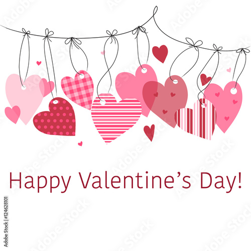 Valentine's Day hanging hearts vector illustration. Whimsical, red and pink hearts isolated on white for backgrounds, banners, social media, cards, scrapbooking and more. Love, romance, holiday.