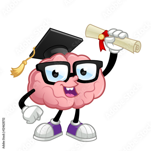 Brain cartoon character, he wear a graduation cap and has a diploma