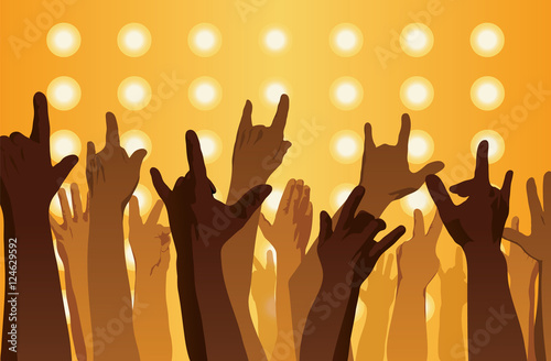 Rock concert. Hands up. Sign of the horns. Flat style