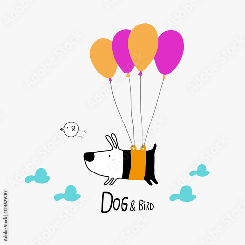 Dog & Bird flying with balloons, character design