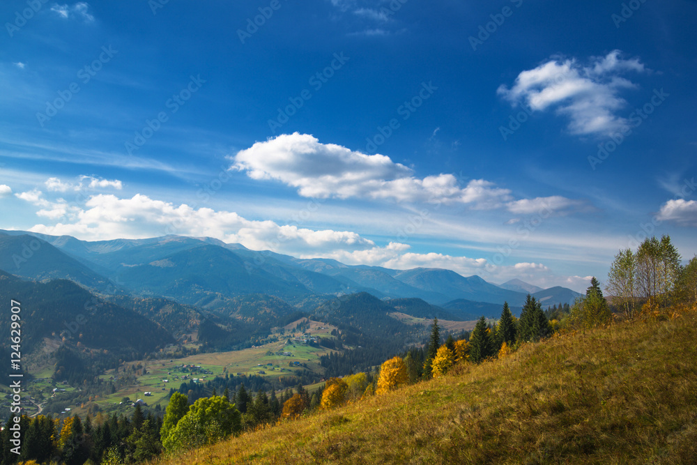 Autumn in the Carpathian mountains. View on the village