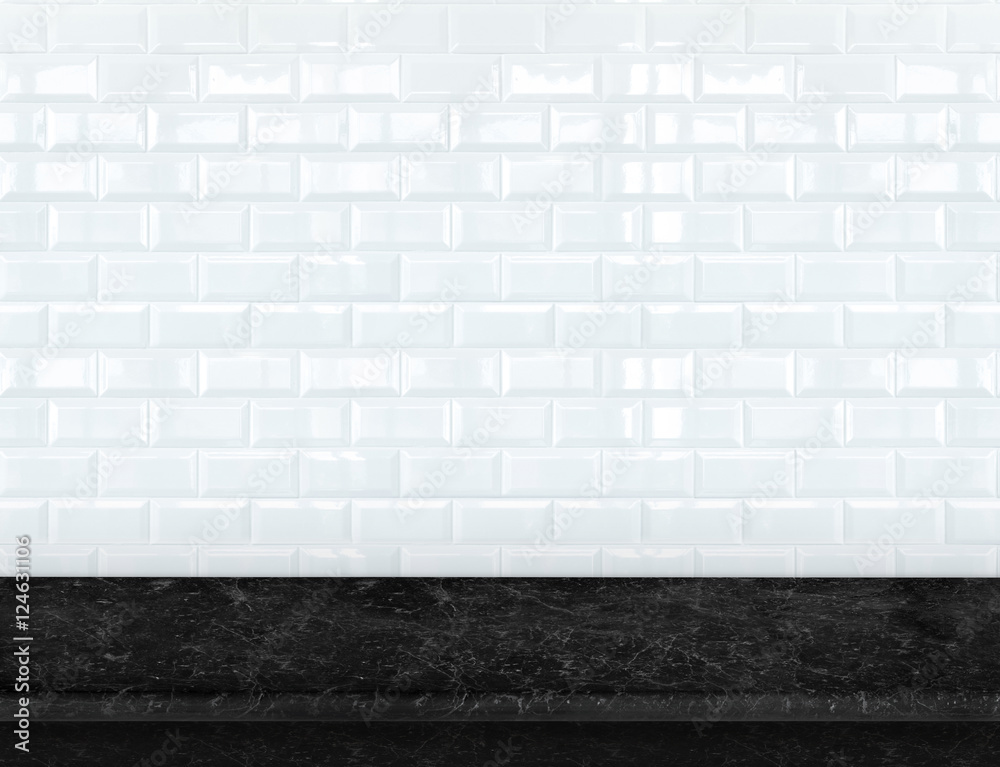 Fototapeta premium Empty black marble table top with glossy ceramic white tile wall