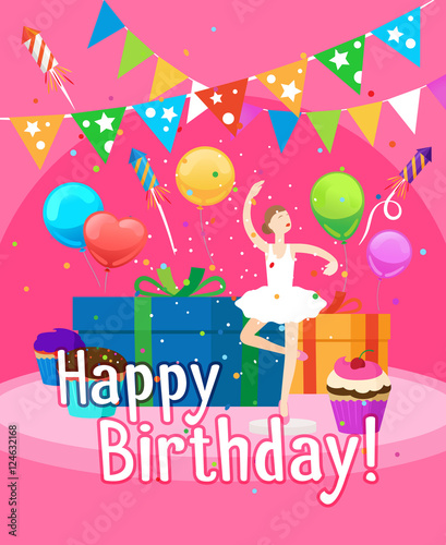 Happy birthday invitation card template for little girl with ballerina and balloons vector illustration