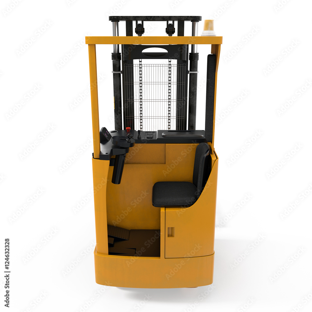 Modern forklift truck with plastic pallet isolated on white. 3D illustration