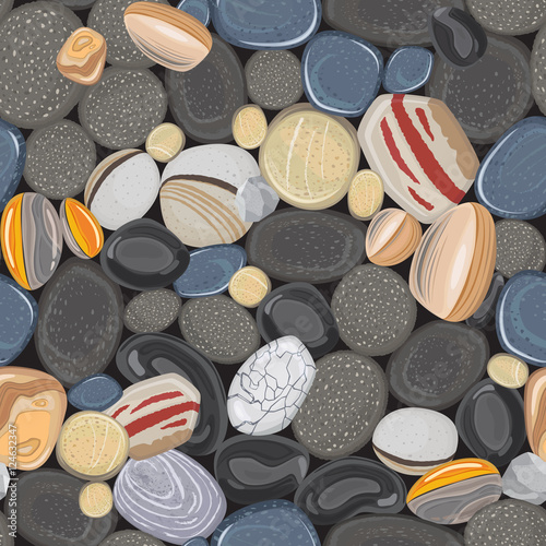 River stones seamless pattern. Rocks pebbles in beach vector background