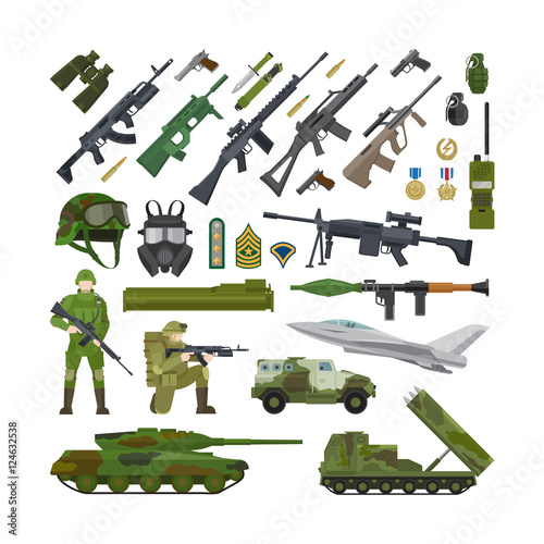 Military army USA and NATO flat icons. Ammunition and weapons, helmet and rifle, tank and military plane. Vector illustration